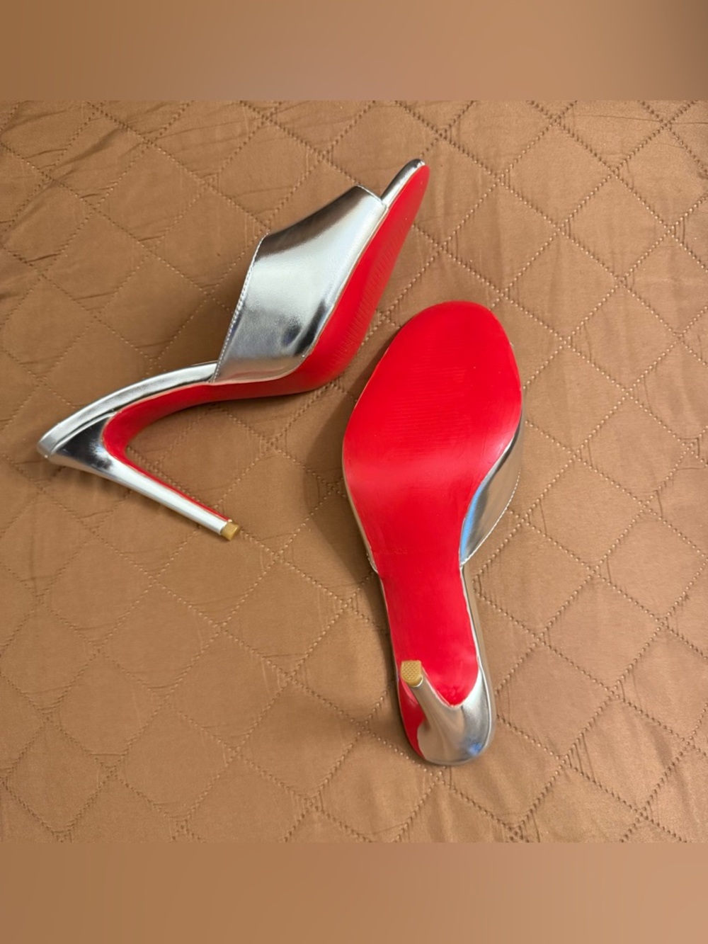 Silver open toe round Slides | 4” heels | 8.5–9. Box included.